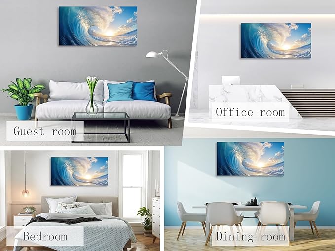 KUNHAAH Wall Art Canvas Painting Ocean Sunset Wave Clear Water 1 Piece Huge Waves Picture Poster Print Framed and Stretched Ready to Hang for Living Room Bedroom