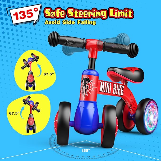 Baby Balance Bike 1 2 Year Old: Spider Baby Bike for 10-24 Month with Light & 4 Wheels Babies Boy Gifts Toddler First Riding on Toys First Christmas Birthday Gift for 1+ Year Old Boy & Girl