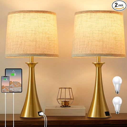 Hikczc Touch Lamp for Living Room Bedroom, 21" Table Lamps Set of 2 with USB C+A Ports, Touch Bedside Lamps for Nightstand with 3 Way Dimmable, 2 LED Bulbs Included, Gold