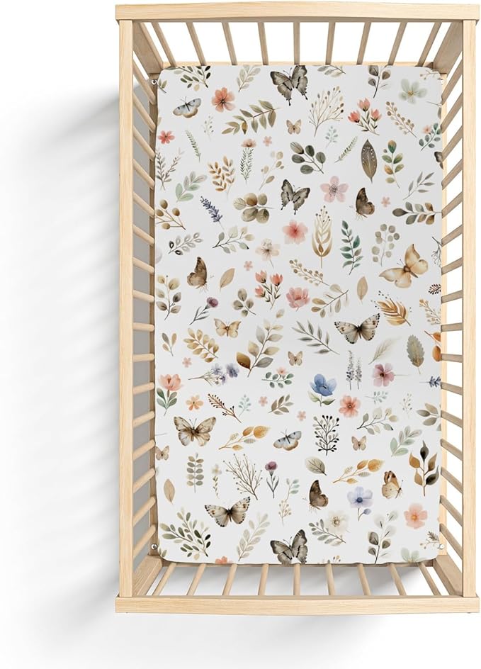 Botanic Gardens Baby Crib Sheets for Boy Girl 52"x28" Beige Floral Butterflies Soft Stretchy Fitted Crib Mattress Covers Boho Spring Wildflowers Leaves Baby Sheet for Crib and Toddler Bed Mattresses