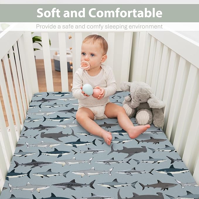 Sharks Boho Neutral Baby Crib Sheets for Boy Girl 52"x28" Sea Shark Species Soft Snug Fitted Crib Mattress Cover Marine Ocean Shark Lover Gifts Baby Sheet for Standard Crib and Toddler Bed Mattress