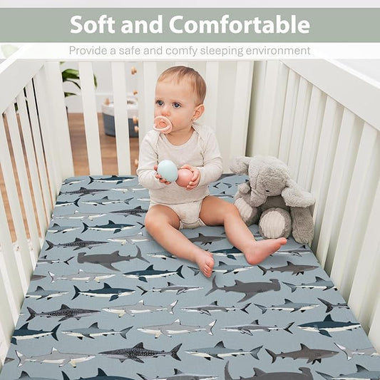 Sharks Boho Neutral Baby Crib Sheets for Boy Girl 52"x28" Sea Shark Species Soft Snug Fitted Crib Mattress Cover Marine Ocean Shark Lover Gifts Baby Sheet for Standard Crib and Toddler Bed Mattress