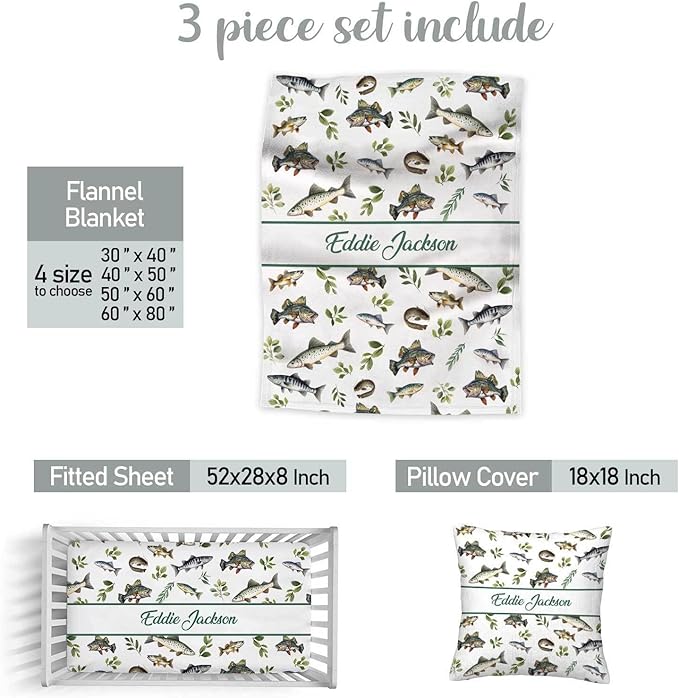 Personalized Fishing Theme Crib Bedding Set for Boys – Custom Name 3-Piece Nursery Bedding with Blanket, Fitted Crib Sheet & Pillowcase – Soft Baby Bedding for Newborn Infant Toddler