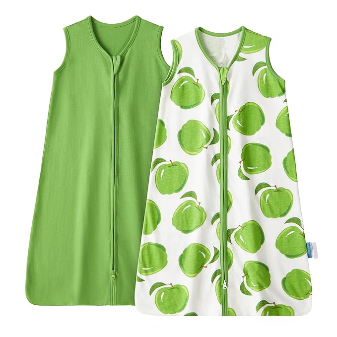 TILLYOU 2 Pack Baby Sleep Sack 18-24 Months 100% Cotton Wearable Blanket 0.5 TOG Sleeveless Summer Sleep Sacks with 2-Way Zipper, Green Apple & Fruit Green
