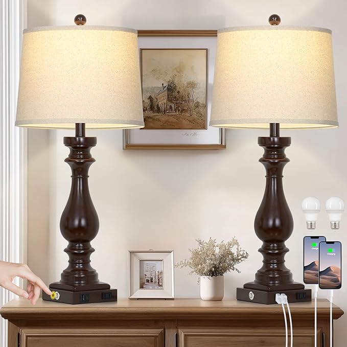 Cinkeda 29" Tall Farmhouse Table Lamp for Living Room Set of 2,Vintage Retro Nightstand Lamps with USB C+A Ports & AC Outlet,3-Way Dimmable Touch Bedside Lamp for Bedroom Side Table,Dark Brown