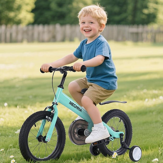 MEGHNA 2 in 1 Toddler Balance Bike 14 inch Wheel Kids Bike Aged 3-7 Years Old with Footrest Detachable Training Wheels Caliper and Coaster Brake Strider Bike for Boys Girls, Easy to Assembly