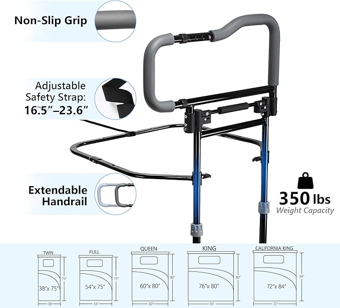 Bed Rails for Elderly Adults Safety, Foldable Adjustable Bed Rail & Assist Handle, Heavy-Duty Grab Bar for Seniors, Pregnant Women, Injury Recovery – Fits Twin, Full, Queen & King Beds
