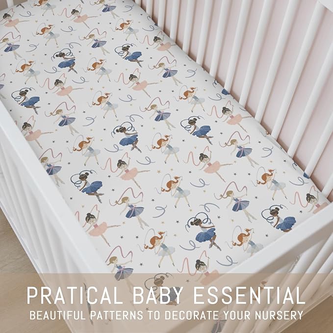 Cream Dancing Girls Baby Crib Sheets for Girls Neutral Little Ballet Dancers Soft Snug Fitted Crib Mattress Covers for 52''x28'' Standard Crib & Toddler Mattress Pad Girly Ballet Dancer Baby Sheets