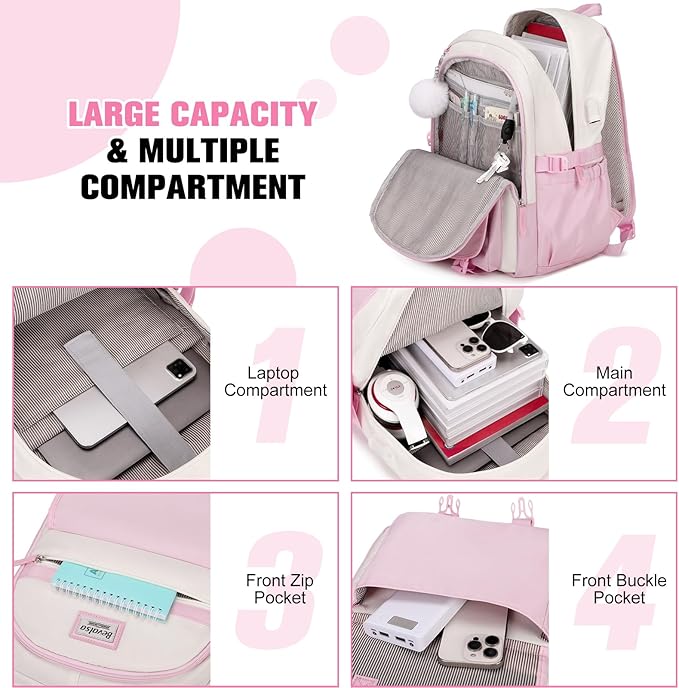 Bevalsa Backpack for Girls, School Backpacks for Girls, Kids Backpack with Lunch Box & Pencil Pouch for Teens Girl Kids Elementary Middle High School College Student Bookbag Daypack (Pink Beige)