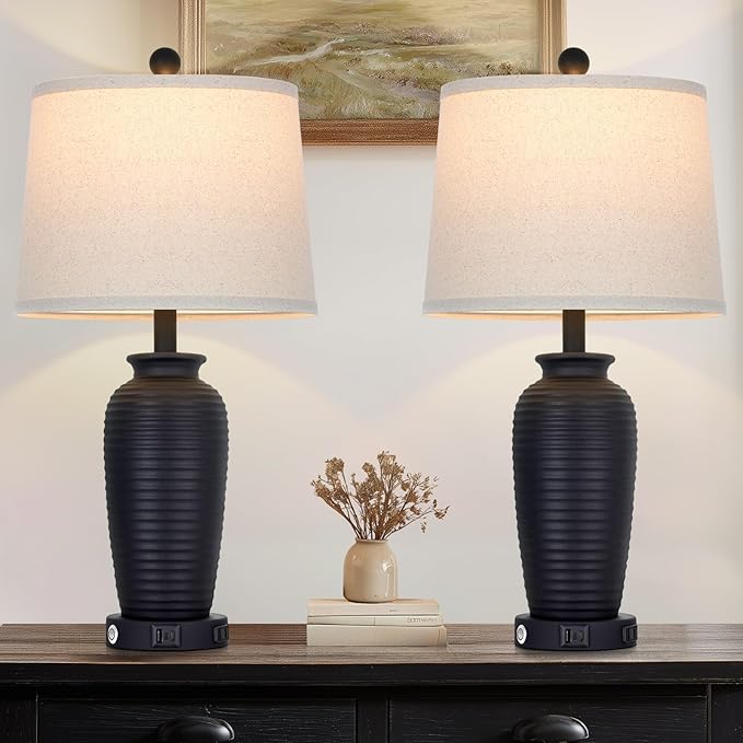 CINSARY 25" Retro Black Farmhouse Jar Table Lamps Set of 2, 3 Way Touch Control Rustic Bedside Lamps with USB A+C Ports & AC Outlet, Pot Nightstand Lamps for Bedroom Living Room (LED Bulbs Included)