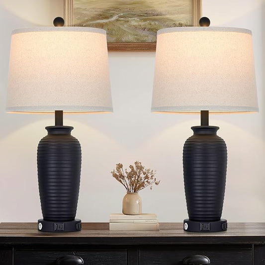 CINSARY 25" Retro Black Farmhouse Jar Table Lamps Set of 2, 3 Way Touch Control Rustic Bedside Lamps with USB A+C Ports & AC Outlet, Pot Nightstand Lamps for Bedroom Living Room (LED Bulbs Included)