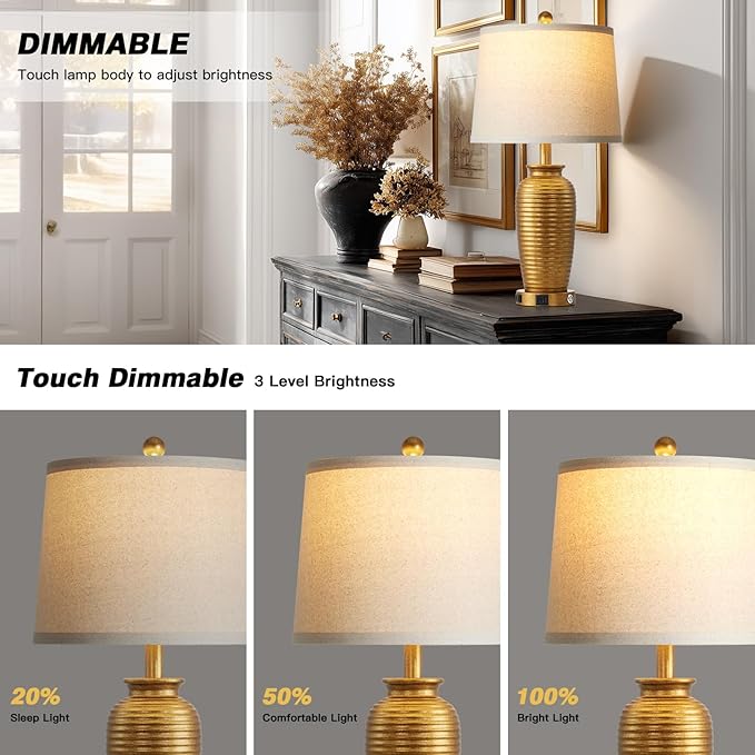 CINSARY 25" Retro Gold Farmhouse Jar Table Lamps Set of 2, 3 Way Touch Control Rustic Bedside Lamps with USB A+C Ports & AC Outlet, Pot Nightstand Lamps for Bedroom Living Room (LED Bulbs Included)