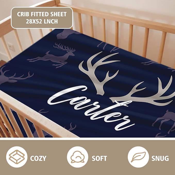 Personalized Crib Bedding Set for Boys Girls, Custom Baby Crib Sets with Name, Navy Deer Design Nursery Bedding 2 Piece - Soft Blanket with Double Layer Dotted Backing, Crib Fitted Sheet