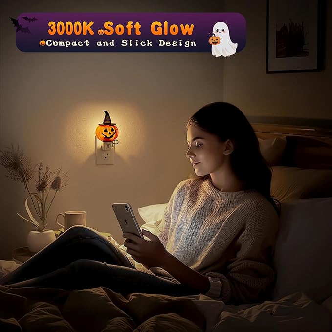 JandCase Pumpkin Night Light, 2 Pack 3000K Night Lights Plug into Wall,Cute & Funny Halloween Night Light for Kids,Plug in Pumpkin Nightlight with 360° Rotatable for Halloween Party Decor