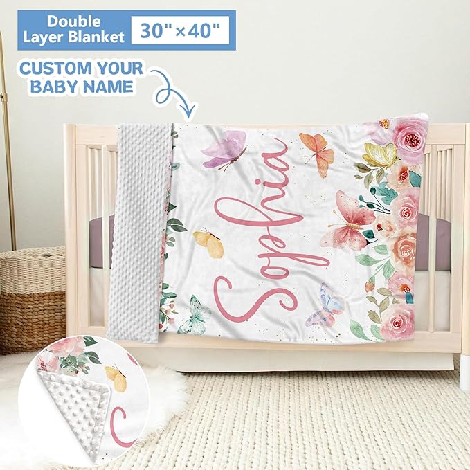 Personalized Crib Set, 5 Pcs Custom Baby Crib Sets with Name, Double Layer Butterfly Nursery Bedding Set for Girls, Soft Flannel Bedding Set, Toddler Infant Customized Gift