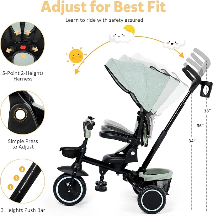 Folding Kids Tricycle, 8 in 1 Baby Trike W/Removable & Adjustable Canopy, Parent Handle, 5-Piont Safety Harness, Toddler Bike Stroller for Kids 1-6 Years, EVA Wheels, Storage Basket, Green