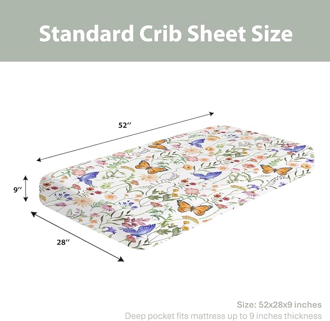 Vintage Wildflowers Butterflies Baby Crib Sheets for Boy Girl 52"x28" Colorful Spring Blossoms Soft Snug Fitted Crib Mattress Cover Wild Plant Baby Sheet for Standard Crib and Toddler Bed Mattress