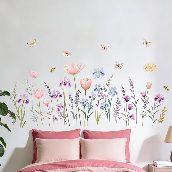 Boho Flower Wall Decals Wildflower Floral Dandelion Grass Wall Stickers Baby Nursery Girls Bedroom Kids Room Wall Decor