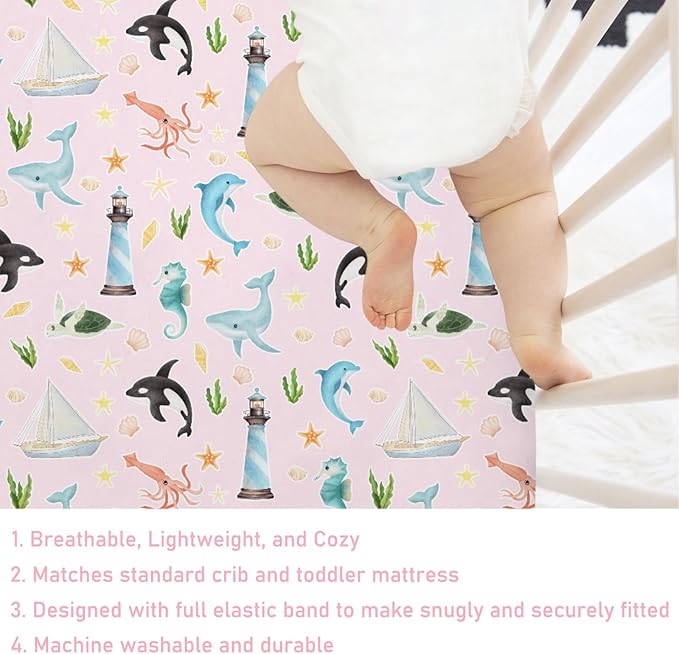 Colorful Sea Animals Baby Crib Sheet 52''x28'' Ocean Whale Dolphin Turtle Shells Coral Lighthouse Ship Stretchy Fitted Crib Mattress Cover for Boy Girl Baby Sheets for Standard Crib Toddler Mattress