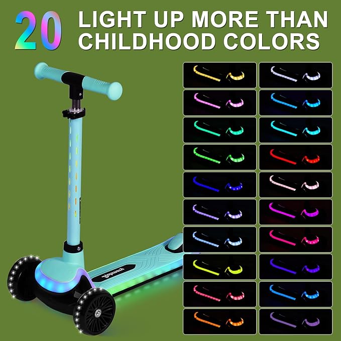 Light-Up Scooter for Kids 3-8,20 Dynamic Light Patterns for Evening Play Safety - Lean-to-Steer Kick Scooter with Adjustable Handlebar (Grows with Child) - Gift for Boys & Girls