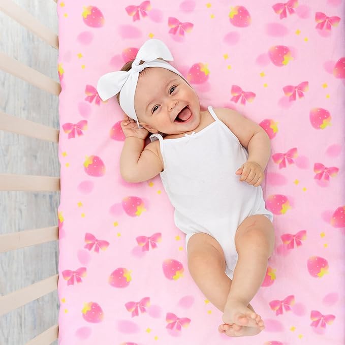 UOMNY Crib Sheet,Strawberry Bow Crib Sheets Baby Sheet for Standard Crib and Toddler Mattresses Nursery Bedding Sheet Crib Mattress Sheets for Boys and Girls 1 Pack Toddler Sheet