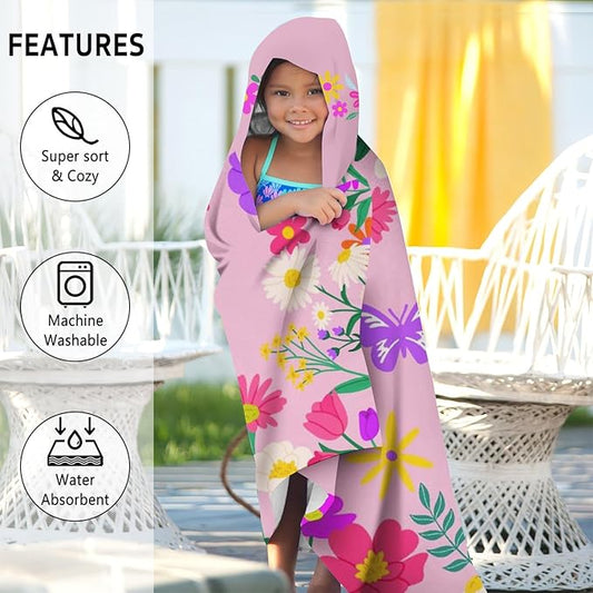 Thickened Hooded Towels for Kids Suitable Girls Boys Kids Bath Towels, 35"x60" Super Absorbent, Flower Cute Cartoon Toddler Towels Multi-Purpose for Beach, Pool and Bathroom