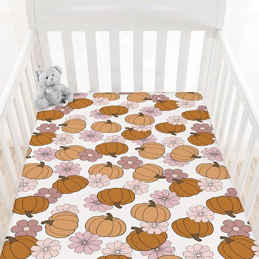 Vintage Pumpkin Boho Floral Baby Crib Sheets Fall Pumpkin Autumn Floral Soft Breathable Baby Sheets Autumn Thanksgiving Harvest Fitted Crib Mattress Cover for Standard Mattress 28x52in