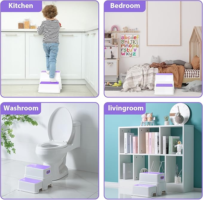 Victostar Toddler Step Stool,2 Kids Step Stool for Bathroom Sink,Baby Potty Stool with Anti-Slip Surface and Rubber Bottom,Plastic Stool with Handle for Toilet Potty Training Bathroom Kitchen