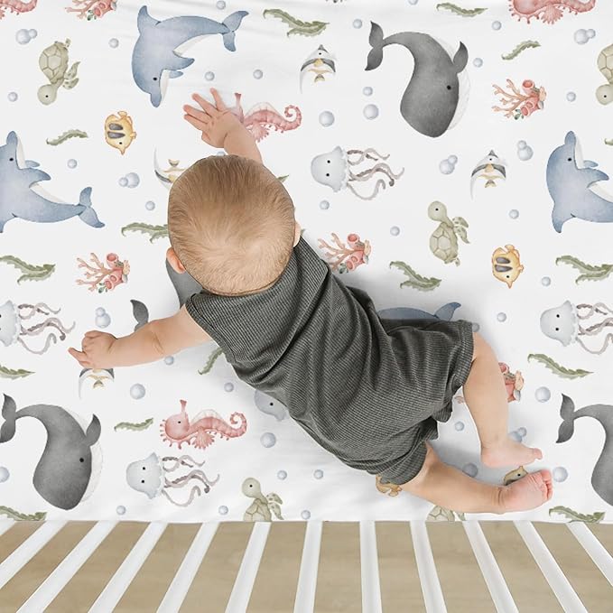 Watercolor Sea Animals Baby Crib Sheets for Boy Girl 28"x52" Whale Dolphin Turtle Jellyfish Coral Soft Snug Fitted Crib Mattress Cover Ocean Marine Baby Sheet for Standard Crib & Toddler Bed Mattress