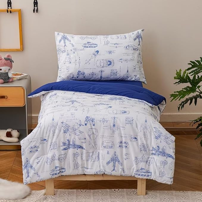 CLOTHKNOW Traffic Toddler Bedding Sets for Boys, 4 Pieces Bedding Sets Cars Airplane Tank Helicopter Pattern, Soft Crib Bed Set Including Comforter, Flat Sheet, Fitted Sheet and Pillowcase