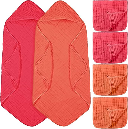 VitalCozy 6 Pcs Baby Muslin Hooded Bath Towels and Washcloths Muslin Cotton Hooded Baby Towels Absorbent Blankets for Gift Newborn Infant Shower (35 x 35 Inch,Cherry Red,Coral)
