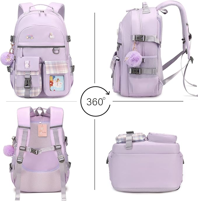 KIDNUO Backpack for Girls, 15.6 Inch Laptop School Bag Kids Kindergarten Elementary College Backpacks Large Bookbags for Teen Girl Women Students Casual Travel Daypacks (Purple)