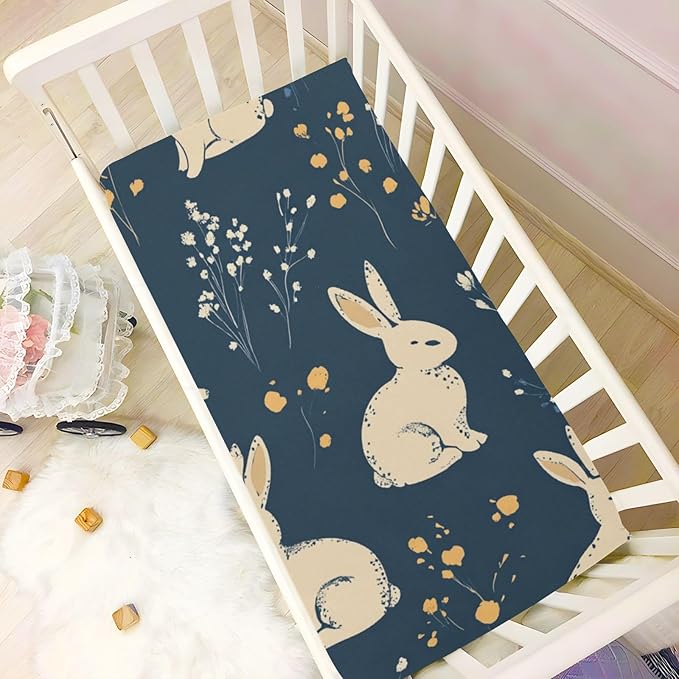 Easter Bunny Floral Dark Blue Crib Sheets Standard Crib Toddler Mattresses Cover Fitted Baby Bed Sheet Breathable Crib Mattress Sheet for Girls Boys 39''x27''x9''