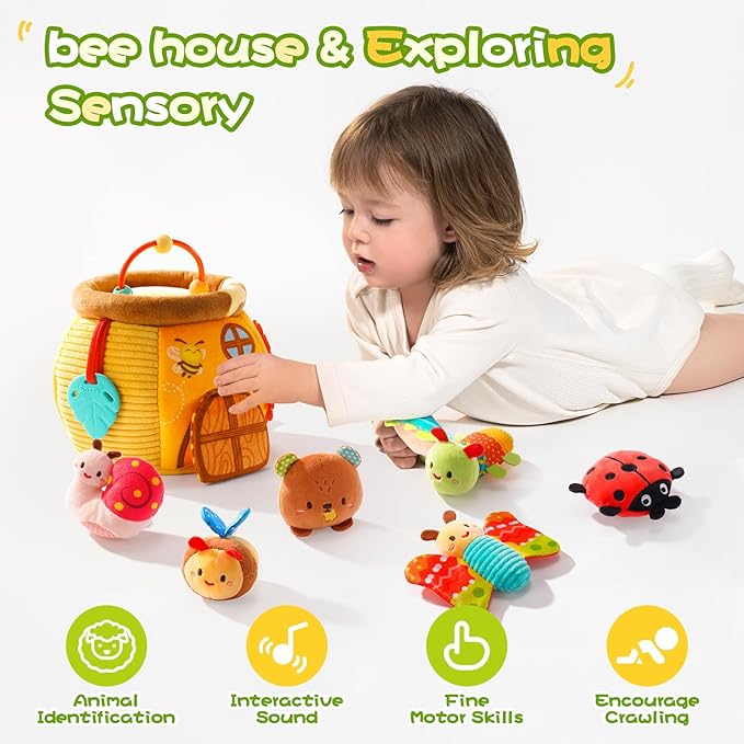 Koty Baby Toys 0-6 Months,Bee House Sensory Toy, Interactive Plush Beehive wtih rattles, queaker, Mirror, Busy Montessori Soft Toys for Toddlers 0-3,Development Toy for Infants 6-12 Months