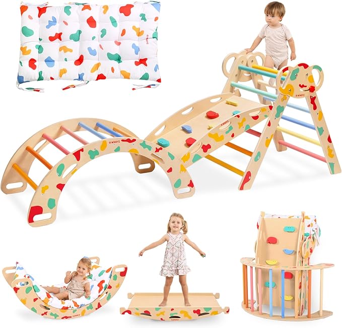 wingyz Pikler Triangle Climbing Set with Cushion,Foldable 8 in 1 Jungle Gyms for Toddlers 1-3, Indoor Playground for Kids,Baby Montessori Climber Gift（Rainbow）
