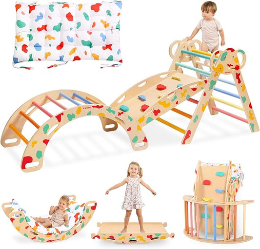 wingyz Pikler Triangle Climbing Set with Cushion,Foldable 8 in 1 Jungle Gyms for Toddlers 1-3, Indoor Playground for Kids,Baby Montessori Climber Gift（Rainbow）