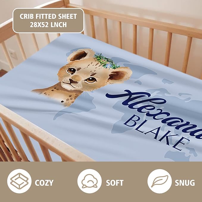 Custom Name Crib Bedding Set 3-Piece – Blue Leopard Design Baby Bedding Set with Personalized Soft Blanket, Fitted Sheet, Changing Pad Cover – Ideal Newborn Gift for Boys and Girls