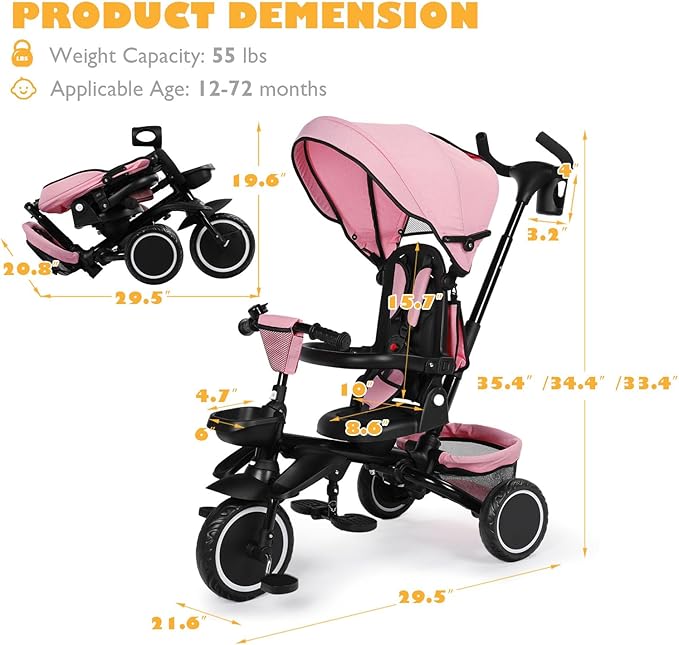Folding Kids Tricycle, 8 in 1 Baby Trike W/Removable & Adjustable Canopy, Parent Handle, 5-Piont Safety Harness, Toddler Bike Stroller for Kids 1-6 Years, EVA Wheels, Storage Basket, Pink