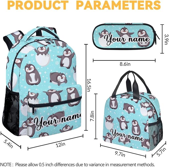 COOPASIA Personalized Penguin Backpack with Lunch Box and Pencil Case, 16 Inch Penguin Theme Bookbag with Adjustable Straps, Durable, Lightweight, Large Capacity, School Backpack for Girls Women