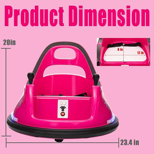 FINITO 12V Ride On Electric Bumper Car for Toddlers with Remote Control, 360 Degree Spin, LED Lights, Music, Safety Belt for Age 3+ Years Kids, Gift for Boys and Girls, Rose Pink