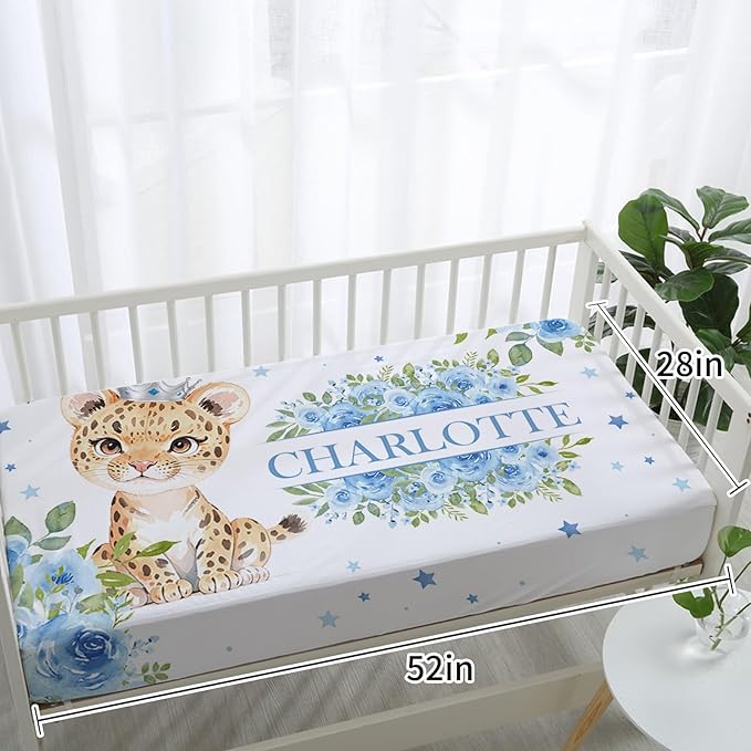 Personalized Baby Crib Bedding Set: 4 Piece Custom Blue Floral Leopard Crib Bed Set with Name, Nursery Bedding Set for Baby Girls, Newborn Boys Crib Sets, Crib Bedding Custom Gift, Crib Sheet