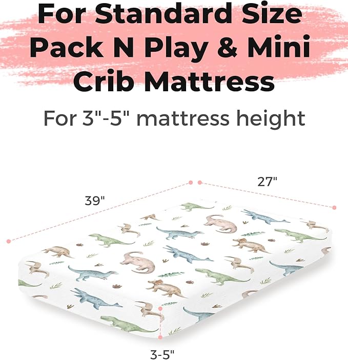Pack and Play Sheets 2 Pack, Fitted Jersey Knit Mini Crib Sheets for Baby Boys and Girls, Compatible with Graco Pack N Play and Mini Crib Mattress (Dino Pals, Pack N Play/Mini Crib Sheets)
