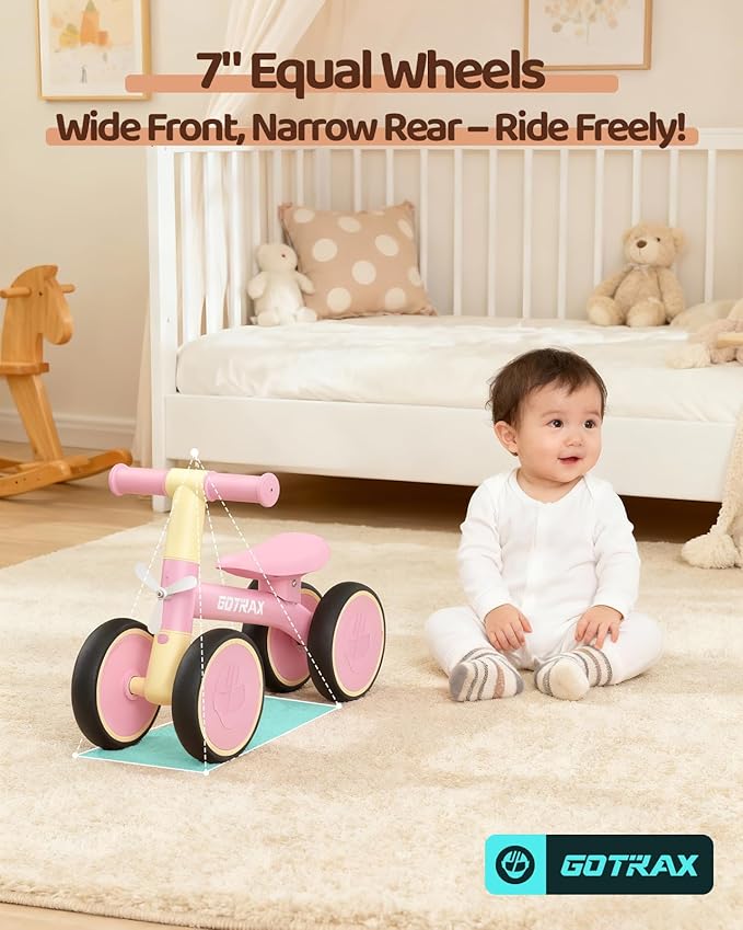 Gotrax Baby Balance Bike 1-2 Years, 7" Front & Rear Silent Wheels, Sturdy Steel Frame 66 lbs Load, Quick 2-Min Assembly, CPC Certified, Comfortable Soft Seat, Toddler Birthday Gift for Boys&Girls Pink