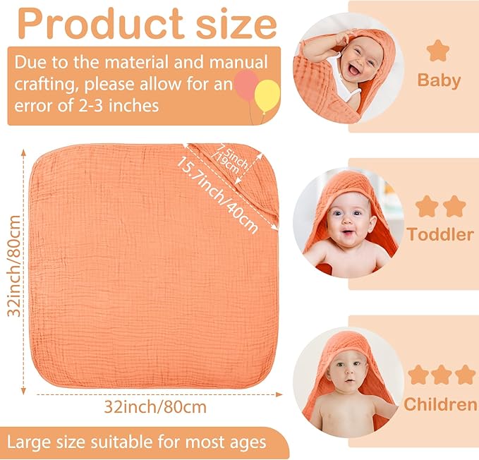 Peryiter 4 Pcs Muslin Hooded Baby Towels, 32x 32'' Cotton Newborn Bath Towel Muslin Infant Baby Blankets Absorbent Unisex Christmas Registry Gift Essentials for Girls Boys (Rainbow Colors)