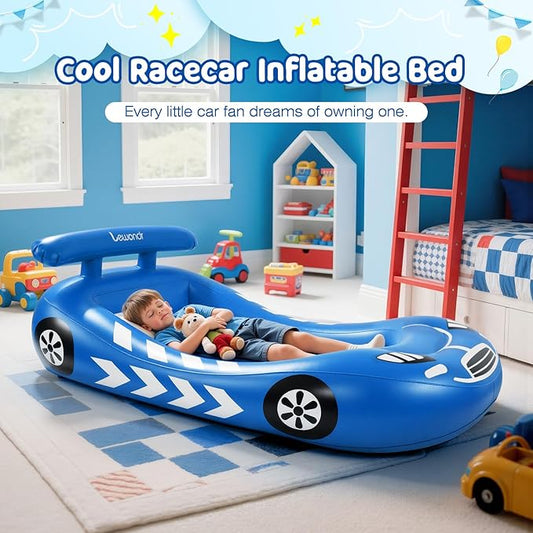 Lewondr Inflatable Kids Bed, Racecar Toddler Air Mattress with Safety Bumpers, Toddler Blow up Mattress with Hand Pump, Portable Toddler Travel Bed for Camping, Sleepovers, Vacation & Home, Blue