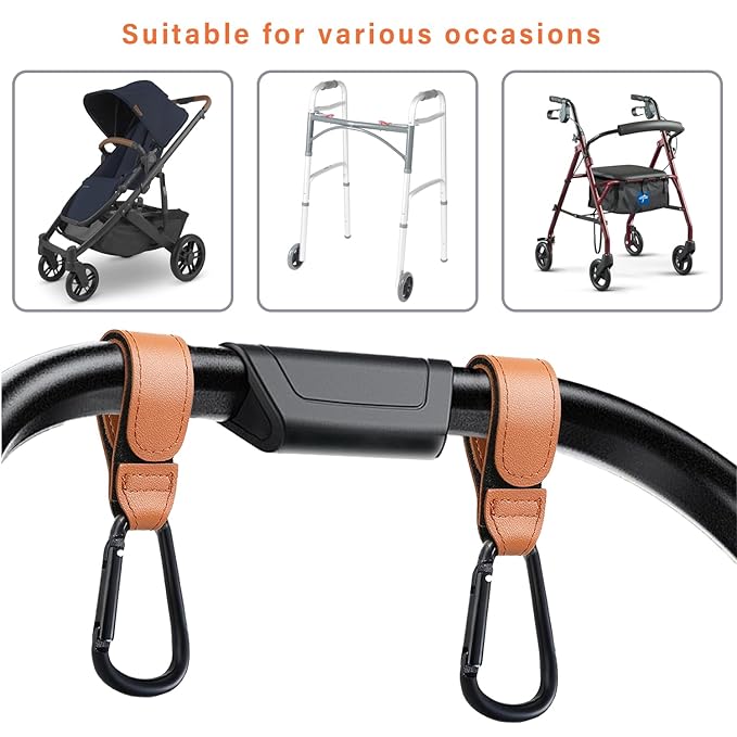 4 Pcs Leather Stroller Hook, Mommy Stroller Clip, Stroller Accessories Organizer Hook, Metal Hook for Strollers/Walkers/Mobility Scooter/Wheelchair/Rollator(Brown)