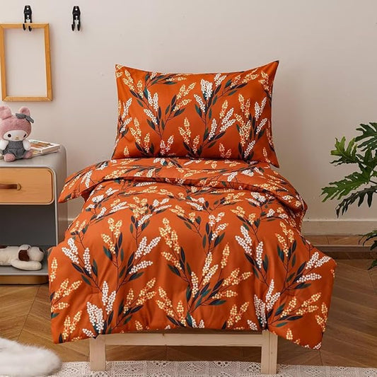 CLOTHKNOW Floral Toddler Bedding Sets for Girls, 4 Pieces Bedding Sets Green White Leaves Pattern, Soft Crib Bed Set Including Comforter, Flat Sheet, Fitted Sheet and Pillowcase