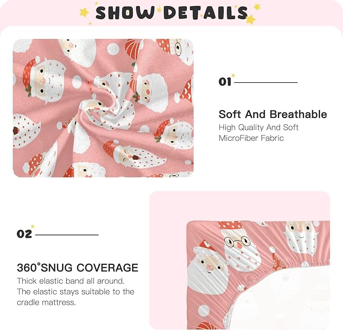 Santa Pink Christmas Crib Sheets Soft Breathable Fitted Baby Playard Sheets Mattress Cover for Girl Boys, 39" x 27" x 5"