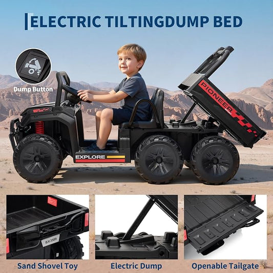 24V 4WD Electric Ride-on Dump Truck for Kids, 2-Seater with Parental Remote Control, 3 Speeds, All-Terrain Off-Road Toy Car for Boys Girls,Black