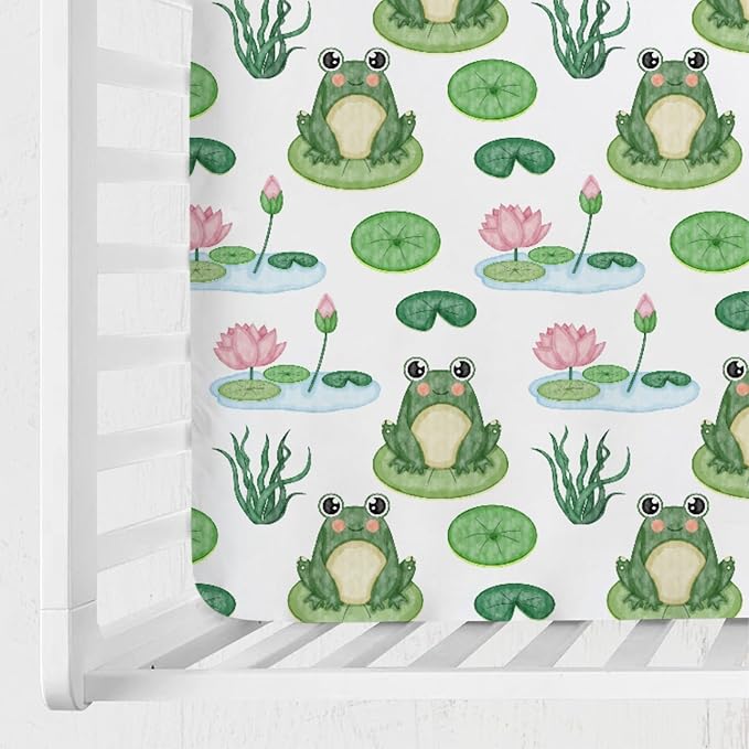 Funny Frogs Flower Leaves Pond Baby Crib Sheets 52''x28'' Water Lilies Lake Stretchy Fitted Crib Mattress Covers for Boy Girl Animal Soft Nursery Bed Sheets for Standard Crib and Toddler Mattresses